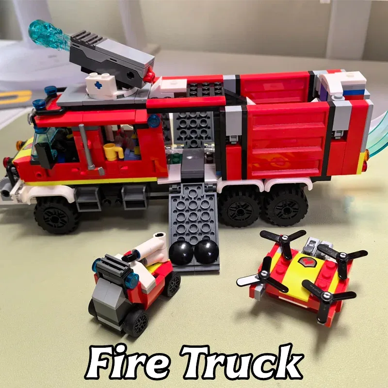 Conjuntos MOC compatibles de terceros, serie de ciudad, bloques de construcción, camión de rescate contra incendios, coche, Dron de lucha contra incendios, juguetes de ladrillos para niños, regalo