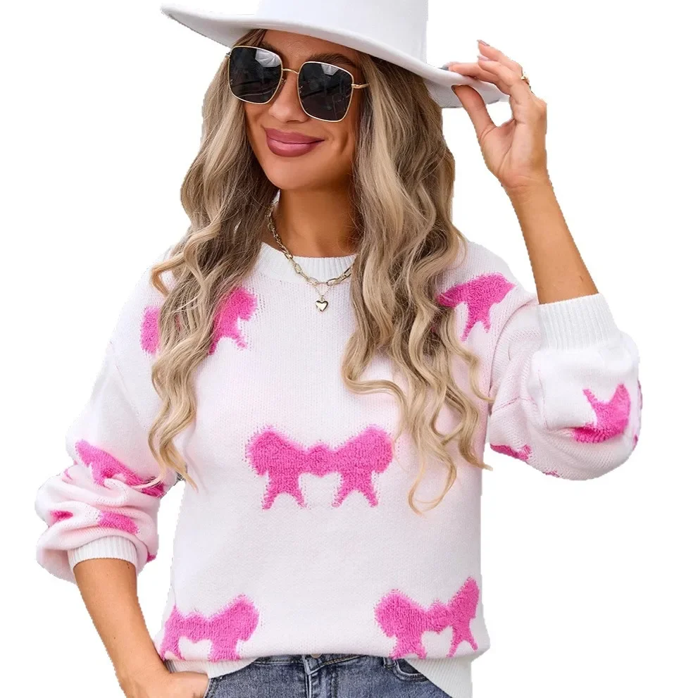 Nueva llegada de invierno, suéter de punto de cuello redondo de manga larga con Nudo de mariposa a la moda de Cachemira de algodón estilo callejero para mujer