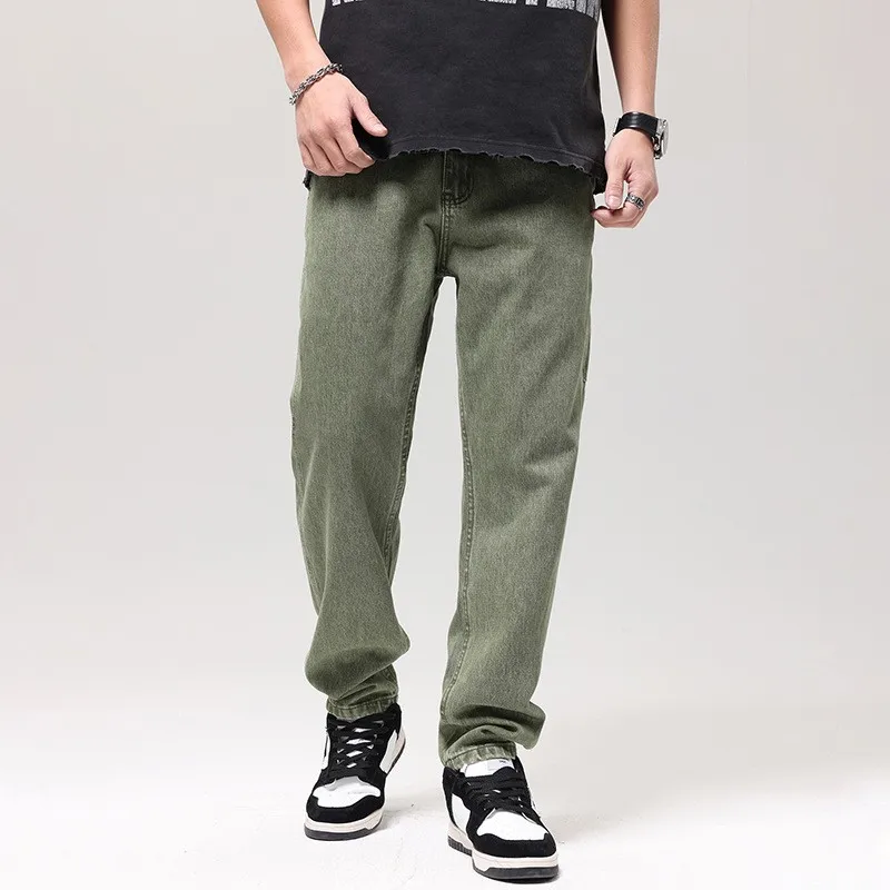 Street Fashion Men Jeans Loose Fit Green Casual Denim Cargo Pants Hombre Multi Pockets Spliced Designer Hip Hop Straight Jeans