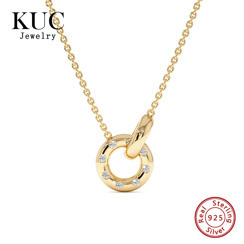 

New Trendy Fine Jewelry for Women 925 Sterling Silver Pave Zircon Crossed Double Buckle Circle Hoop Design Pendant Necklace