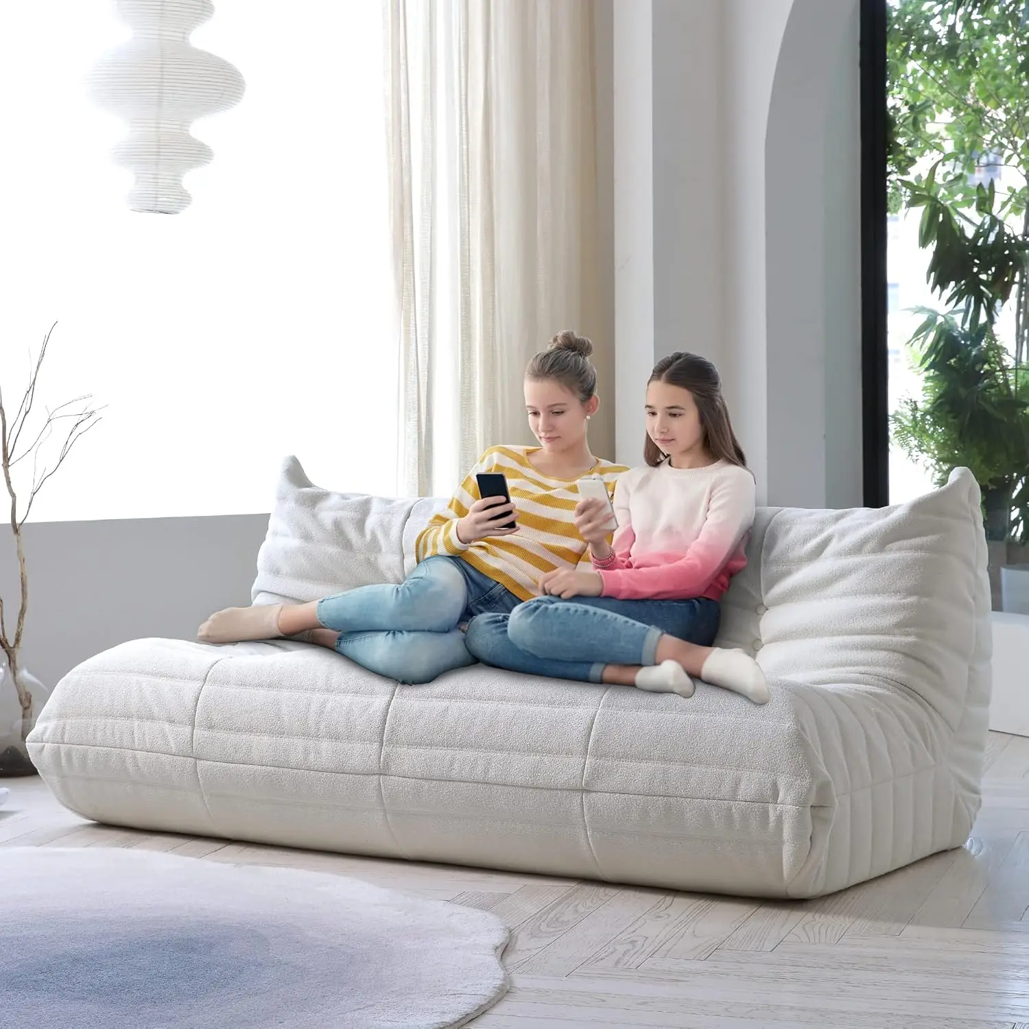 JACH Comfy Lazy Floor Sofa Couch with Ottoman, Teddy Velvet Mohair Fireside Giant Bean Bag Chairs for Adults, Soft Lounge Chair