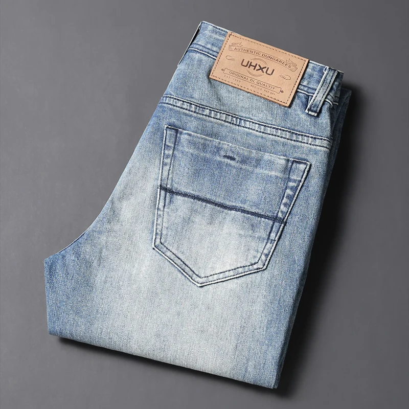 Fashion Trendy Men Jeans Retro Light Blue Plain Washed Trousers Elastic Slim Fit Ripped Jeans Men Vintage Designer Denim Pants
