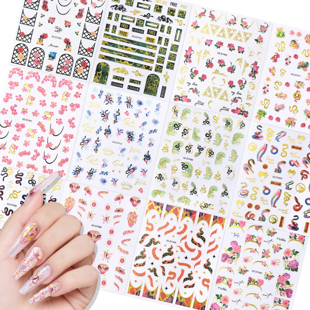 12 pezzi adesivi per unghie in stile cinese 3D punk serpente peonia fiore decalcomanie per nail art abbronzante cursori per manicure autoadesivi colorati