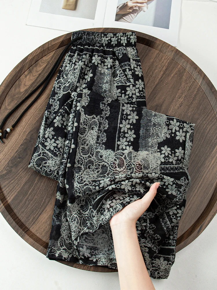

High Waist Loose Fit Summer Thin Linen Wide Leg Pants Women Casual Print Drapey Straight Cut Trousers Comfortable Breathable