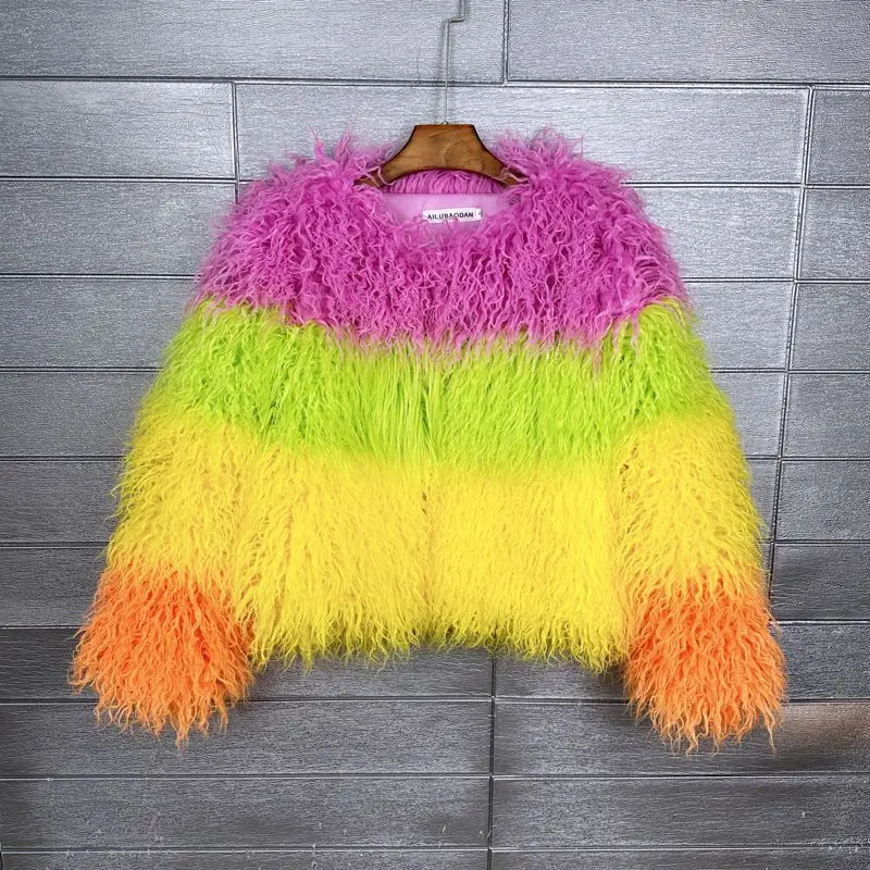 Gespleißt Bunte Flauschigen Faux Pelzmantel Frau Winter Jacke Kleidung Mode Top Faux Pelz Mäntel Top Mujer
