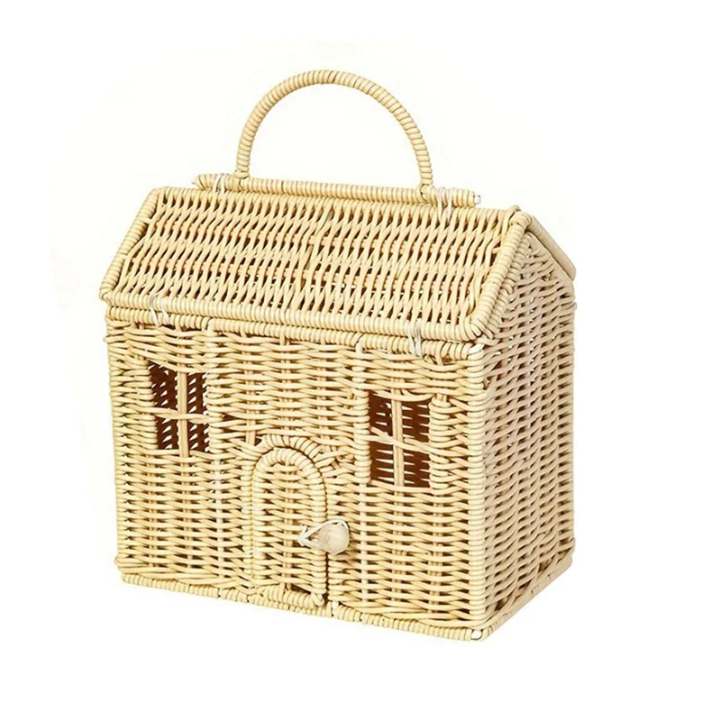 A74E-Rattan House Shaped Basket With Lid, Decorative Hand Woven Shelf Organizer Featuring A Folding Handle, Harvest Wicker Baske