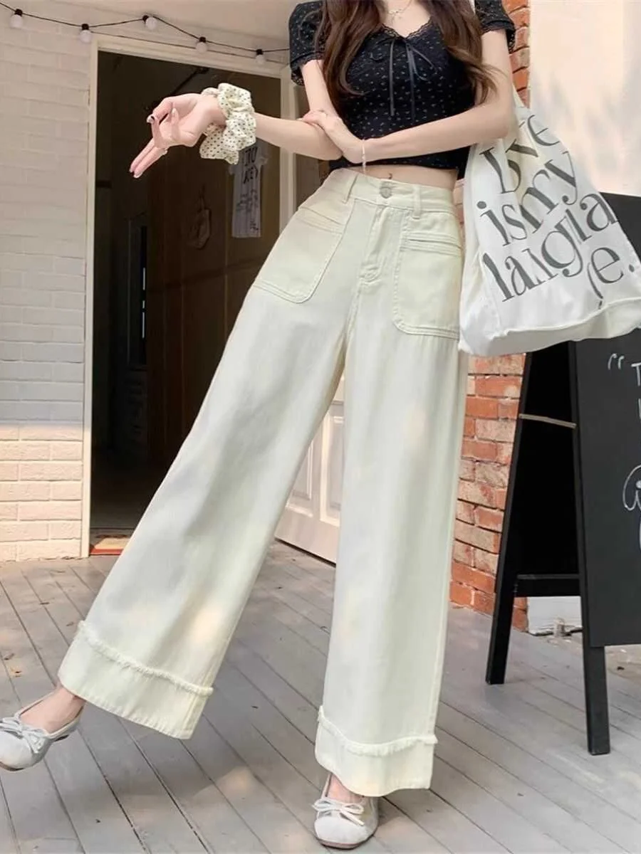 Plones vaqueros blancos de pierna ancha de cintura alta para mujer, plones vaqueros con abertura adeazantes de reta...