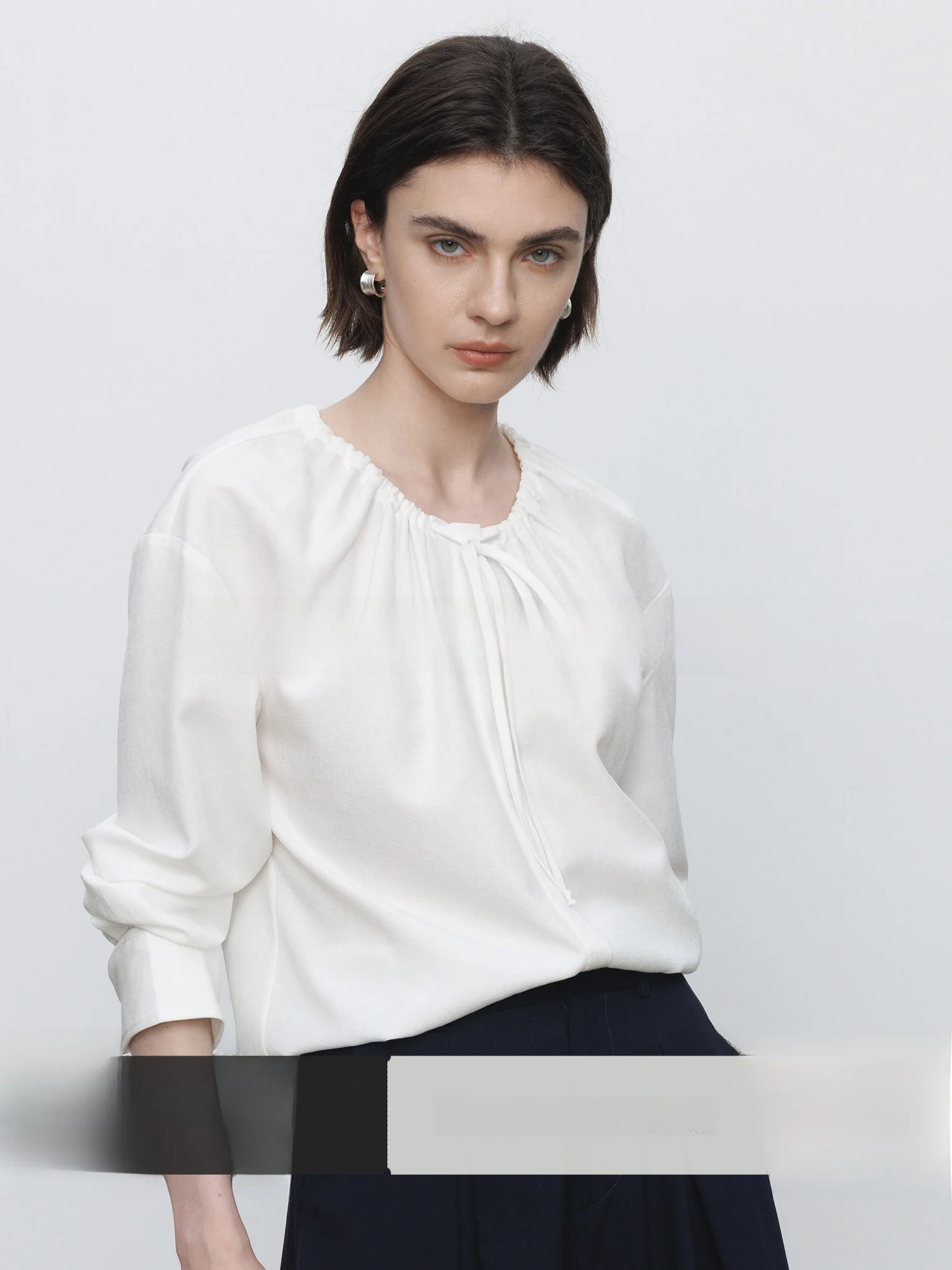

Korean Style Long Sleeve Shirt Women's Spring Summer White round Neck Design Sense Commute Shirt Tie Waist Casual Loose Fit