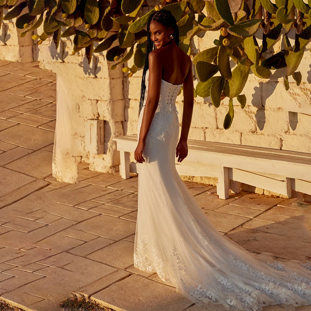 ZIBUYU فستان زفاف أنيق مخصص قبالة الكتف العميق الخامس الرقبة نفخة كم طويل الدانتيل زين عارية الذراعين الدانتيل متابعة فستان الزفاف