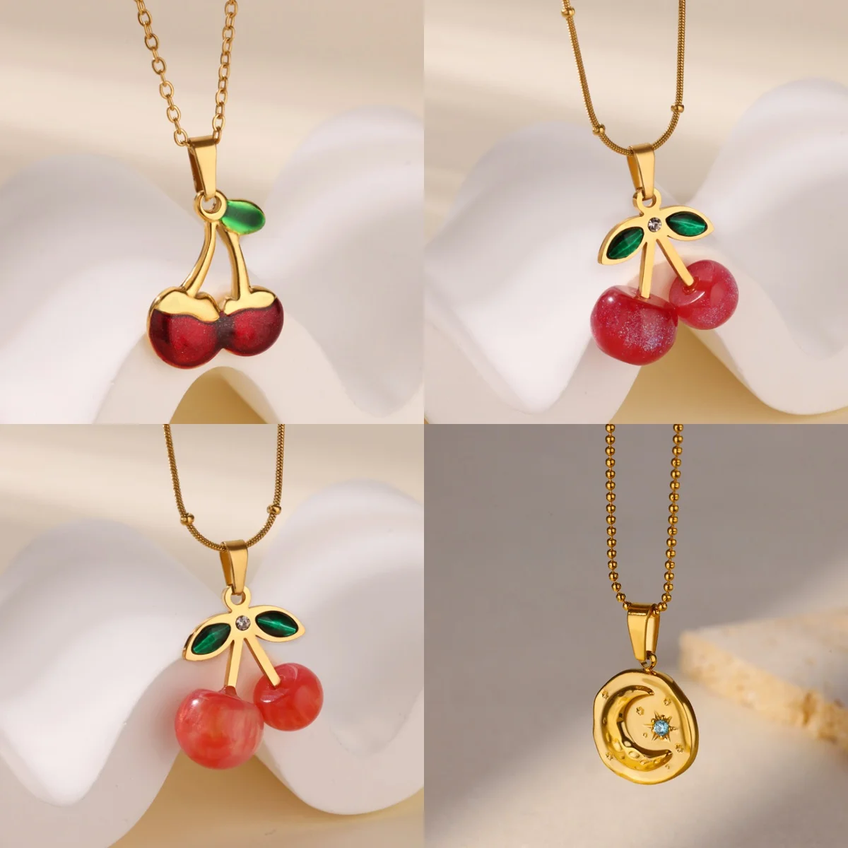 Süße Kirsch-Zirkonia Damen-Anhänger-Halsketten Edelstahl 18K Vergoldet Imitationsperlen Schmuck Geschenk