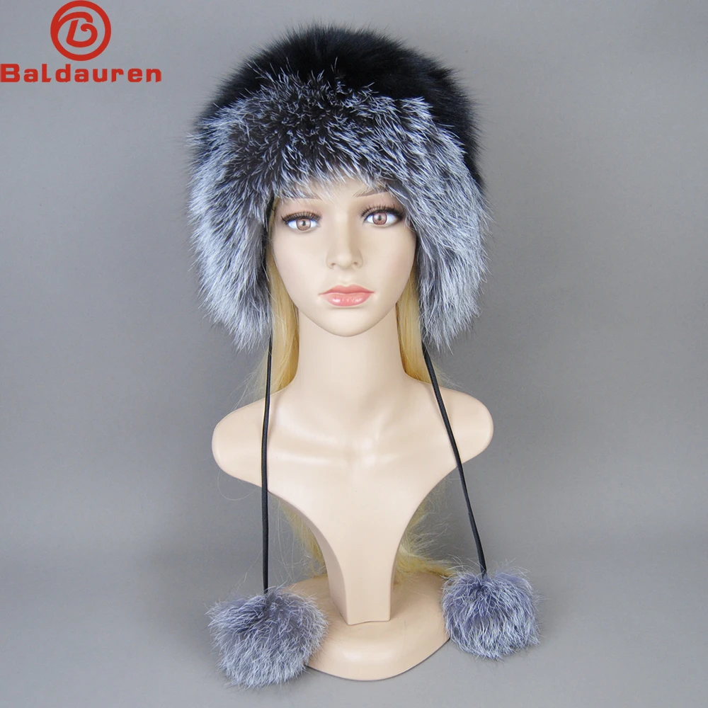 

2025 Hot Sale Women Natural Fur Russian Ushanka Hats Winter Thick Warm 100% Real Fox Fur Hat Ears Fashion Bomber Hat