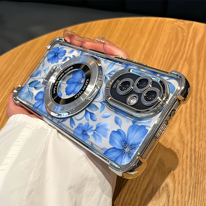 Blue Watercolor Floral Pattern Case For OPPO Reno 11 Pro 11F 10 8T 8Z 7 6 Lite 5 4 Transparent Four Corners Anti Drop Cases Capa