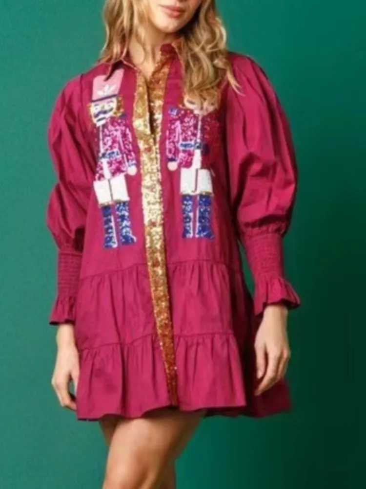 

Autumn And Winter Women Sequin Nutcracker Shirt Dress Holiday Party Santa Sweatshirt Dresses Long Sleeve Tiered Mini Sundress