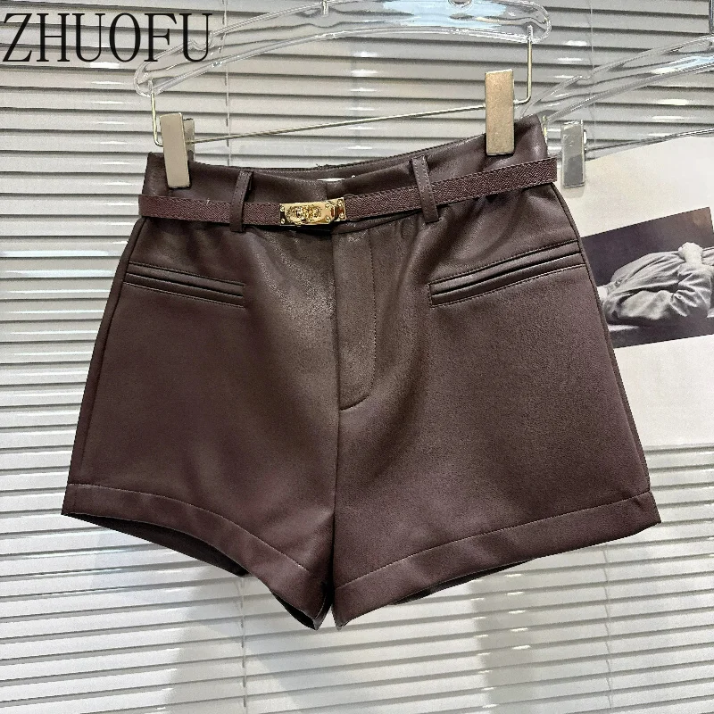Women High Waist Faux PU Leather Shorts Metal Buckle Belt A-line Slim Short Pants Autumn Winter Vintage Black Brown 2026 New