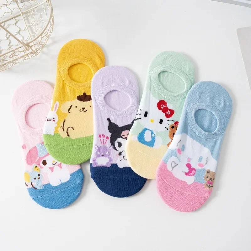 Chaussettes invisibles en silicone Hello Kitty pour femme, chaussettes bateau, respirantes, taille basse, bouche peu profonde, Kawaii, mignonnes