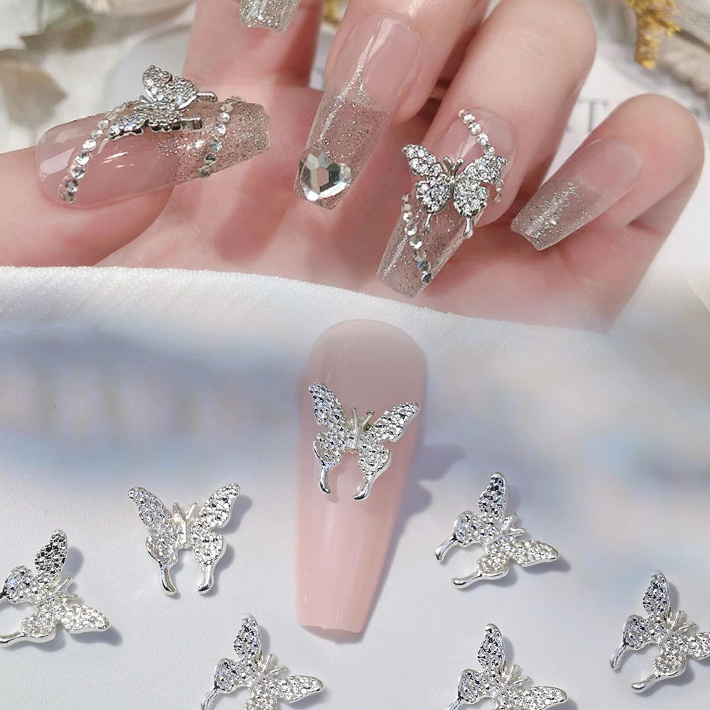 50Pcs Gold/Silver Alloy Bowknot 3D Nail Art Charms With Diamond Ribbon/Bow Nails Rhinestones Luxury Butterfly DIY Manicure Decor