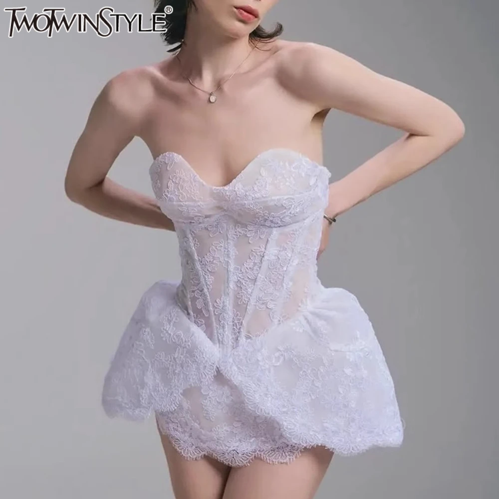 

TWOTWINSTYLE Solid Slimming Elegant Dresses for Women Strapless Sleeveless Patchwork Embroidery Mini Dress Female Clothing New