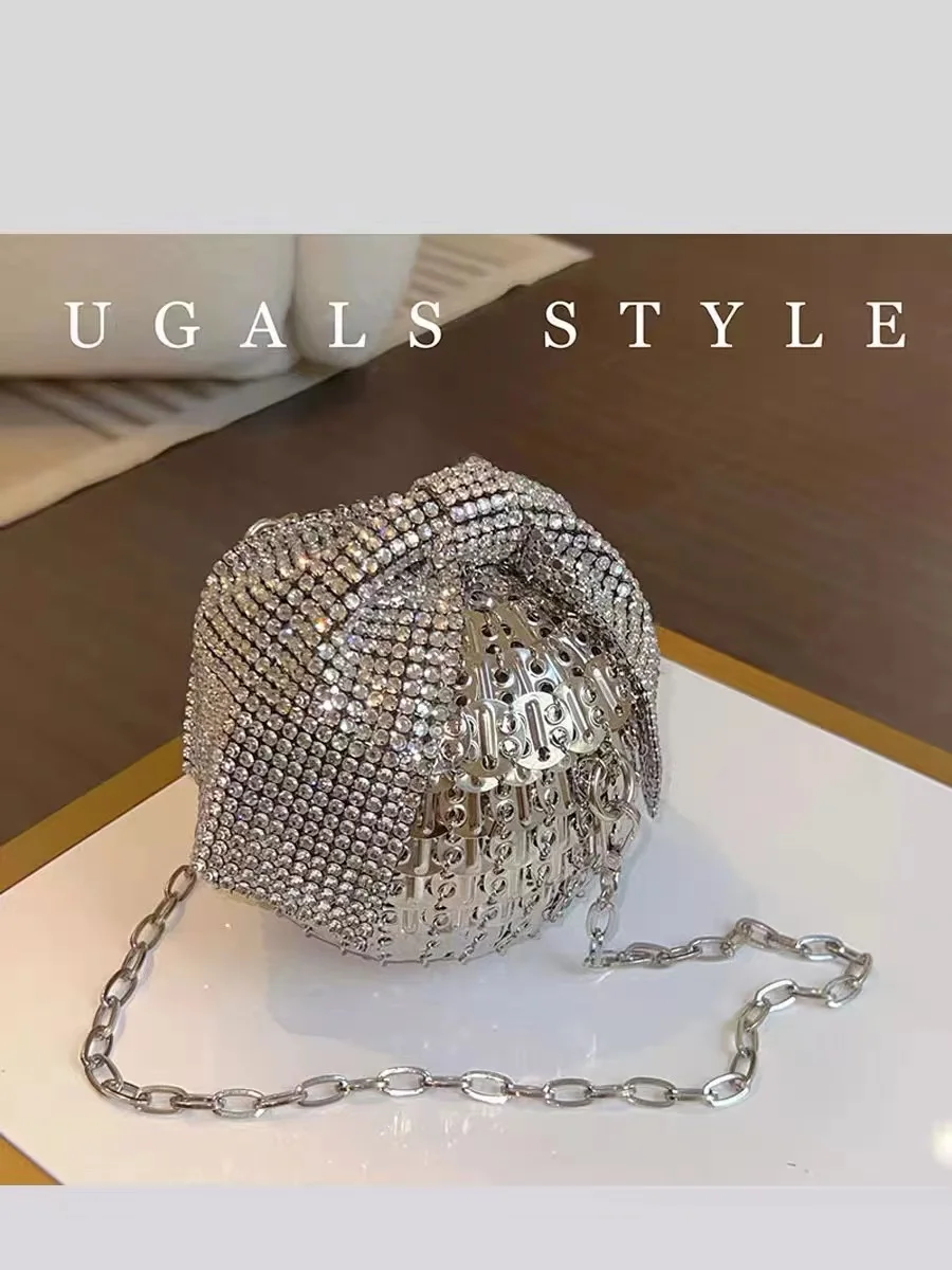 Shiny Sequined Handmade Circular Bag Women Handbag Crystal Diamond Bow Knot Evening Bag Wedding Party Clutch Purse Shoulder Bag