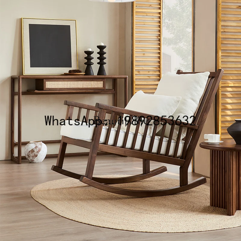 QQ Retro wabi-sabi wind pure solid wood recliner black walnut Mediterranean medieval resort fabric rocking chair