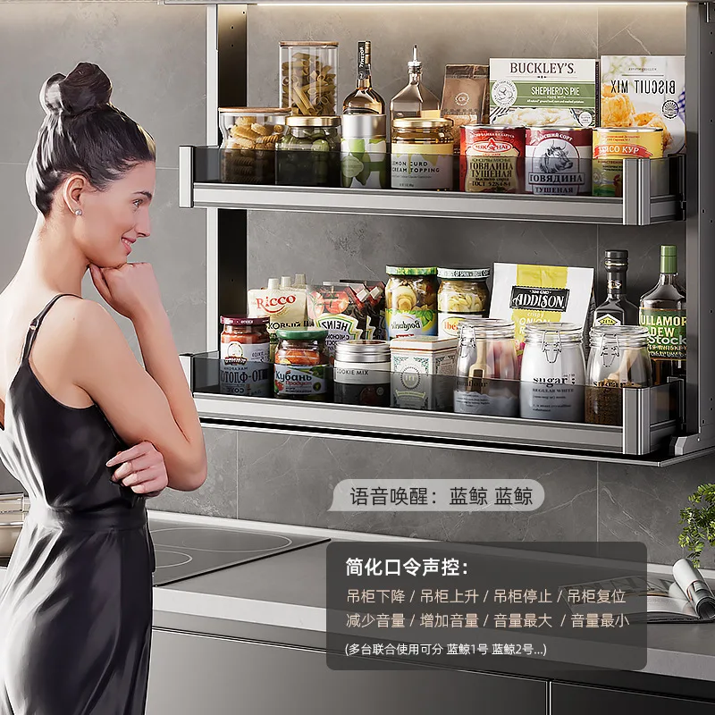 Rak penyimpanan sudut kabinet gantung dinding, berbahan aluminium alloy, pintar, dapat diangkat, diaktifkan dengan suara, dan sentuh.