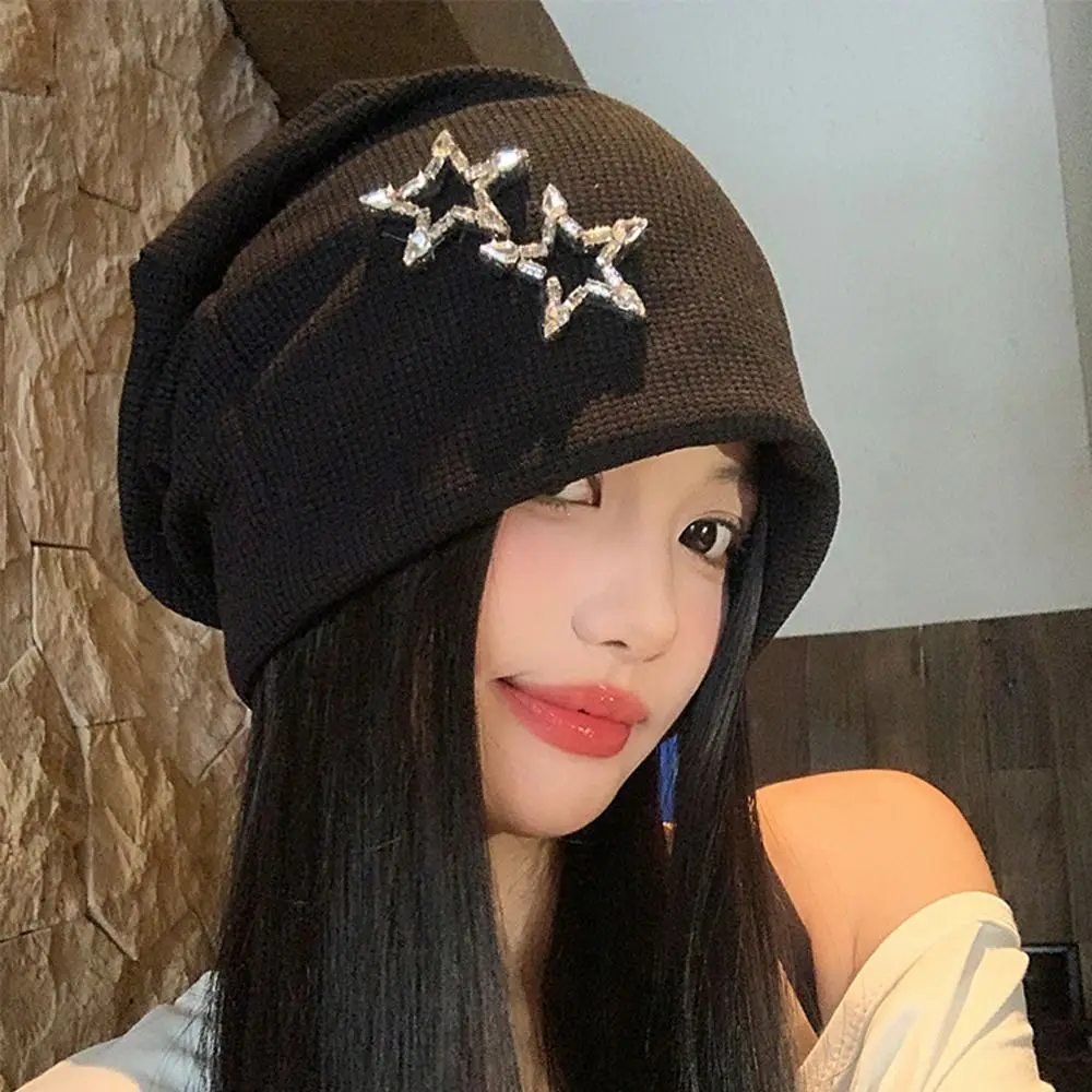 Bling Bling Decor Star Beret Hat Ear Protection Brimless Star Beanie Cap Warm Knit Elastic Slouchy Skull Cap Outdoor Casual