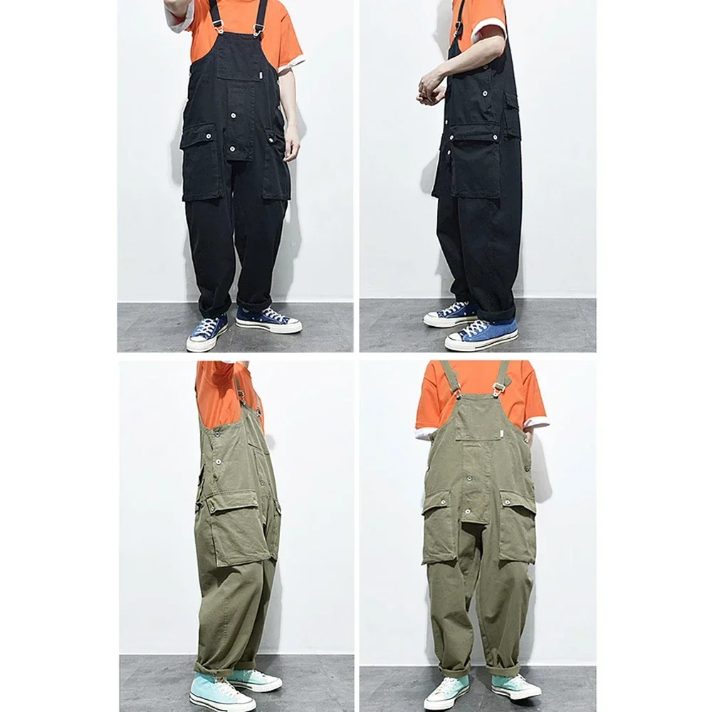 Safari Style! Multi-Pocket Overalls Men Streetwear Work Cargo Pants Jumpsuit Men\'s Dungarees Baggy Bib Trousers