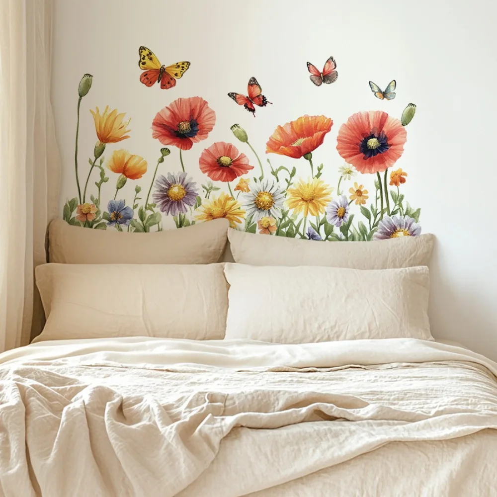 Bedroom Wall Stickers Watercolor Flowers Butterflies Hand Painted Design Self Stick Removable Home Decor for Quick Room Makeover