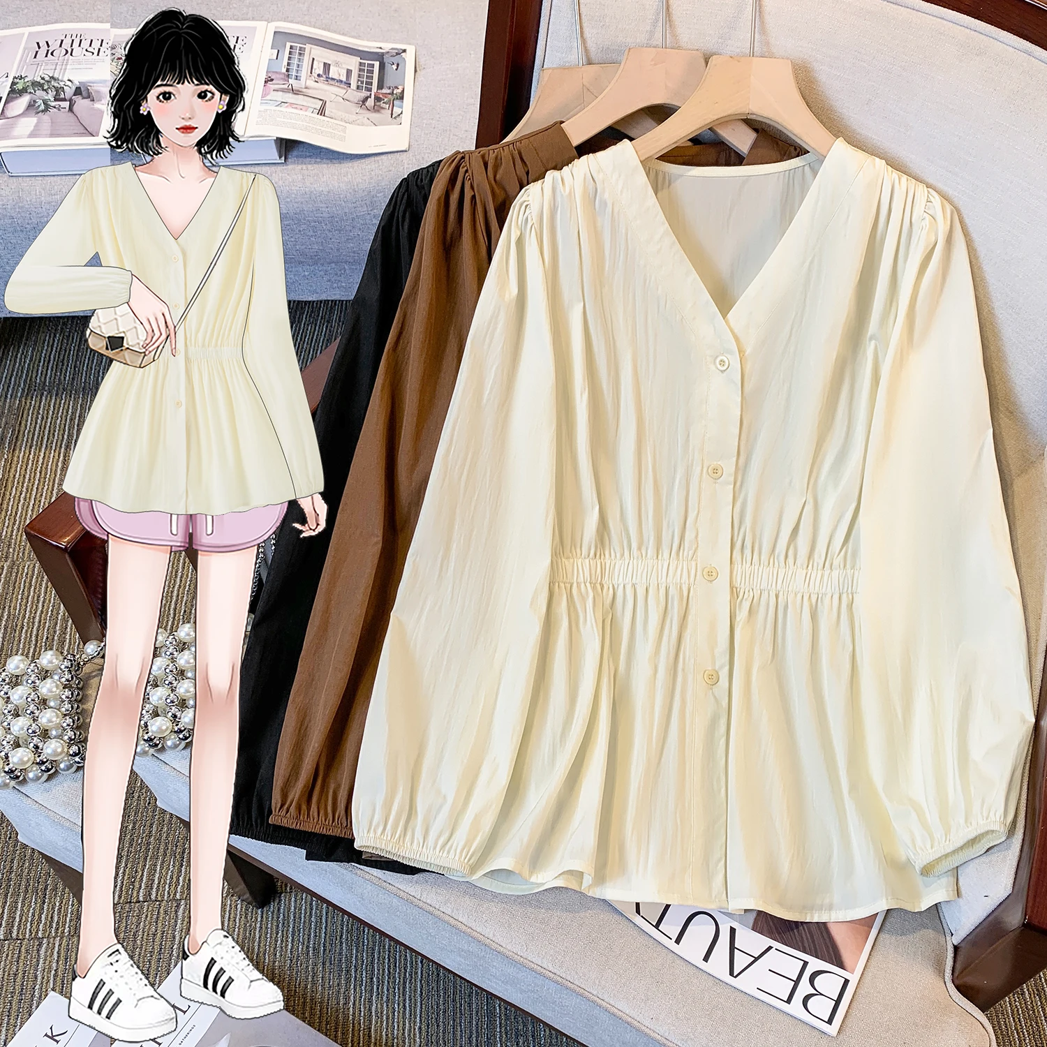 

Fashionable V-Neck Long Sleeve Shirt Jacket Women's plus Size Slim Fit Top Waist-Cinching Spring Summer New Arrival
