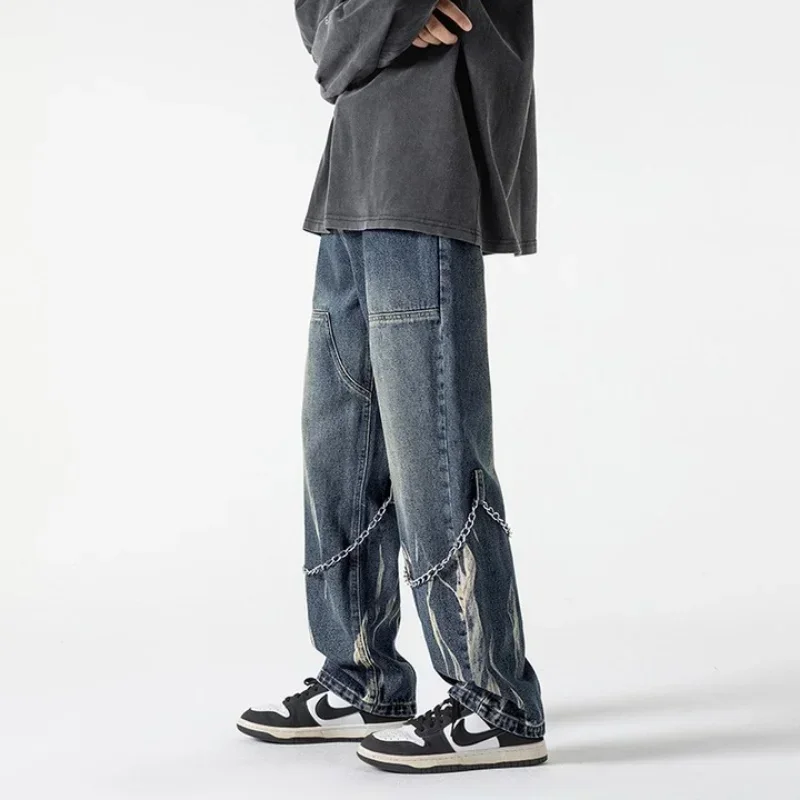 Tpjb Y2K Designer Jeans Men Punk Hip Hop Streetwear Denim Straight Pants Black Loose Casual Trousers Male Japanese Spring
