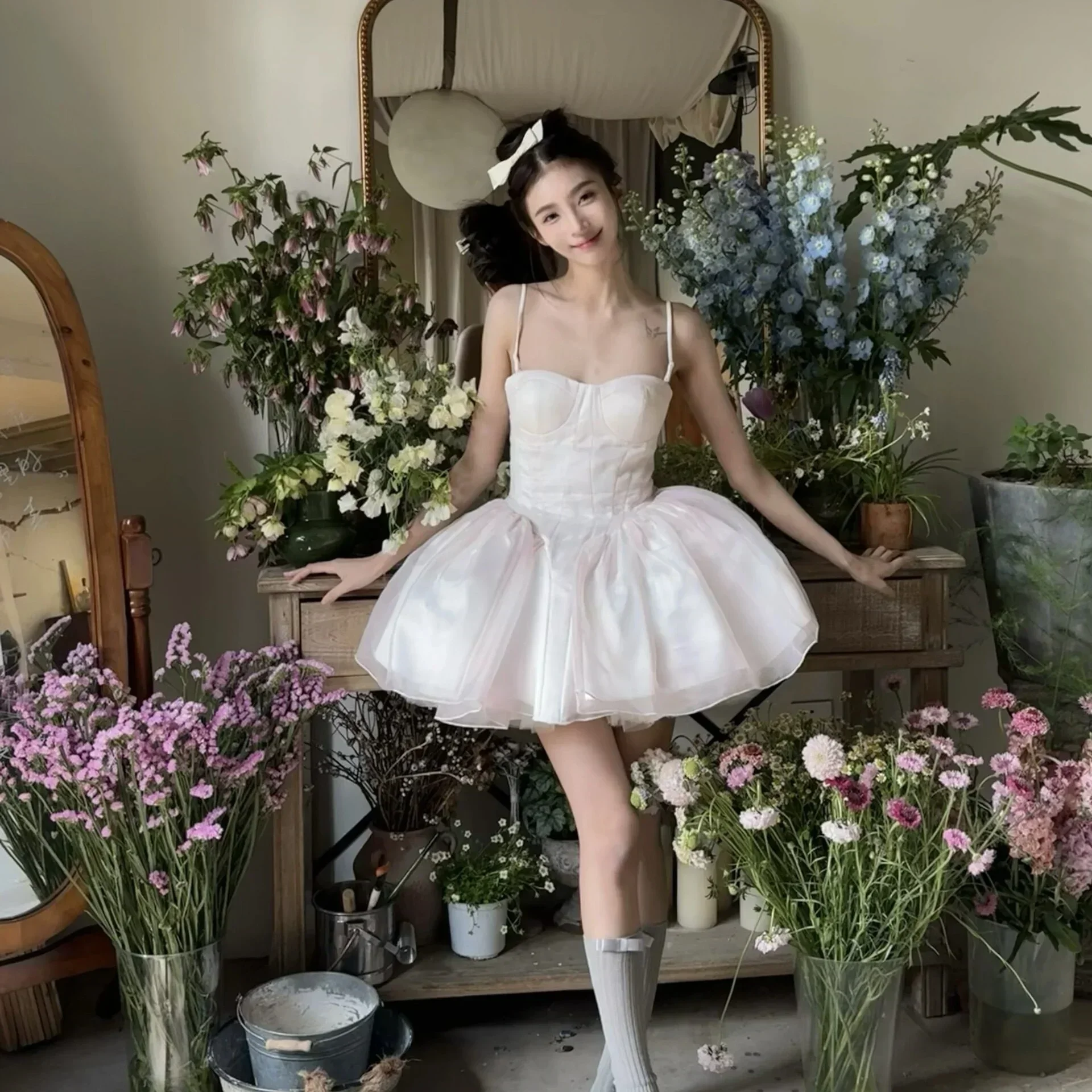 Lolita Sweet Girl Fairy Tube Top Sling Dress with Long Cardigan Birthday Princess Dress 2025 French Style Flower Wedding Dress