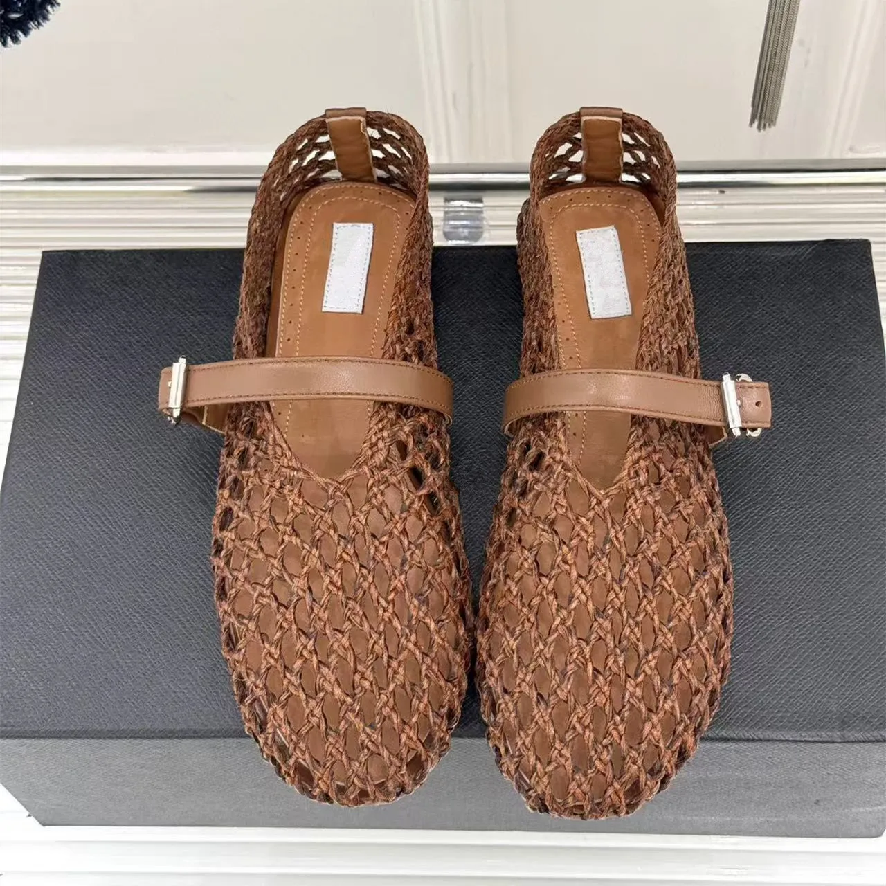 Weaving Hollow Mary Jane Single Shoes Women's 2026 Summer New Style One Word Flat Bottom Versatile Fishing Net Sandals