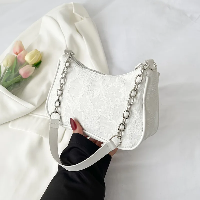 Chic Floral Jacquard Underarm Bag with Silver Chain Strap Versatile Summer Shoulder Tote Purse for Women Everyday Casual Outing