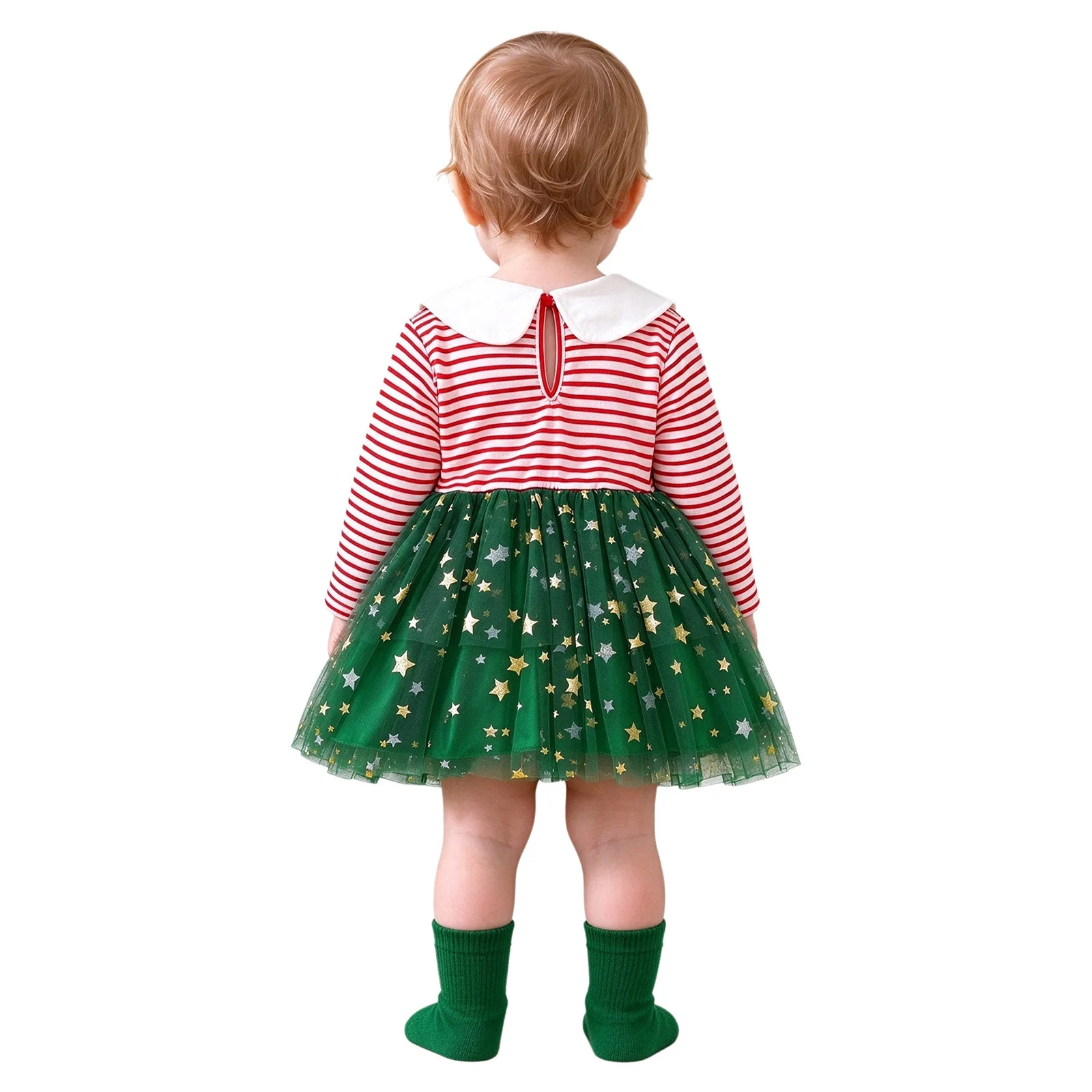 Toddler Baby Girls Christmas Dress Long Sleeve Striped Bodice Star Sequin Layered Tulle Dresses for Xmas Party Photo Shoot