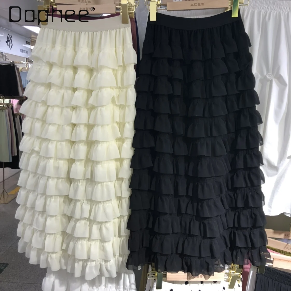 

Multi Layer Ruffles Tulle Skirt Chiffon Pleated Long Tutu Cake Skirt Elastic Waist Fluffy Fairy Miid Skirt Women Summer Spring