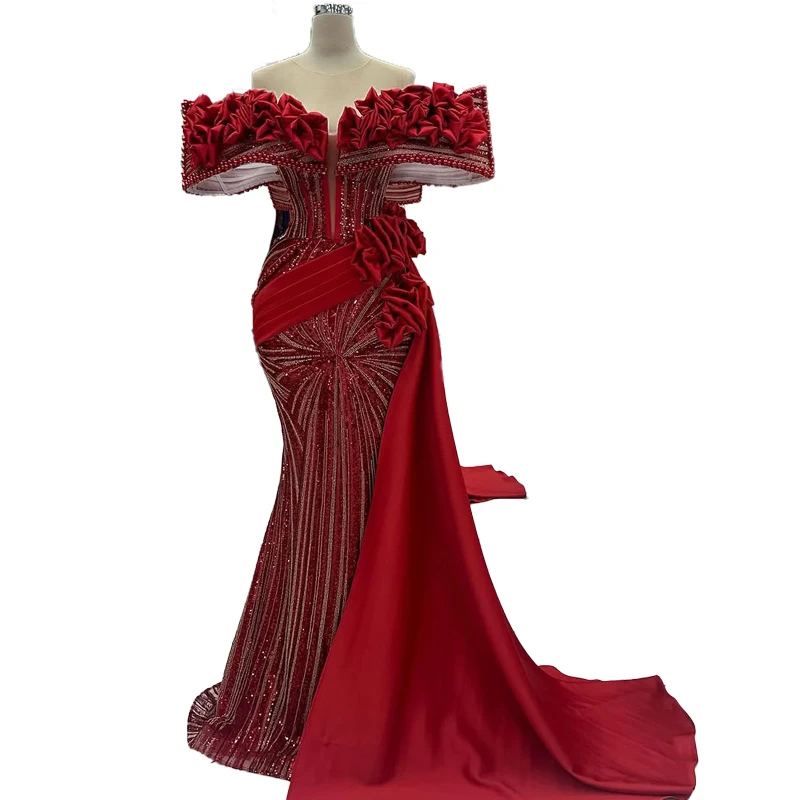 

Великолепное арабское красное вечернее платье с кристаллами и бисером Haute Couture с оборками, украшенное вечернее платье с открытыми плечами по индивидуальному заказу