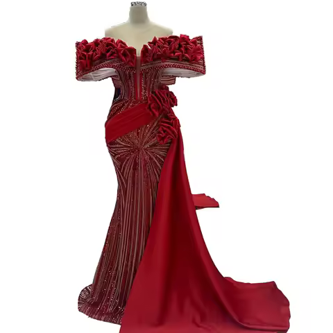 Gorgeous Arabic Crystal Beaded Red Party Dress Haute Couture With Ruffles Embellished Off Shoulder Evening Dress Customized