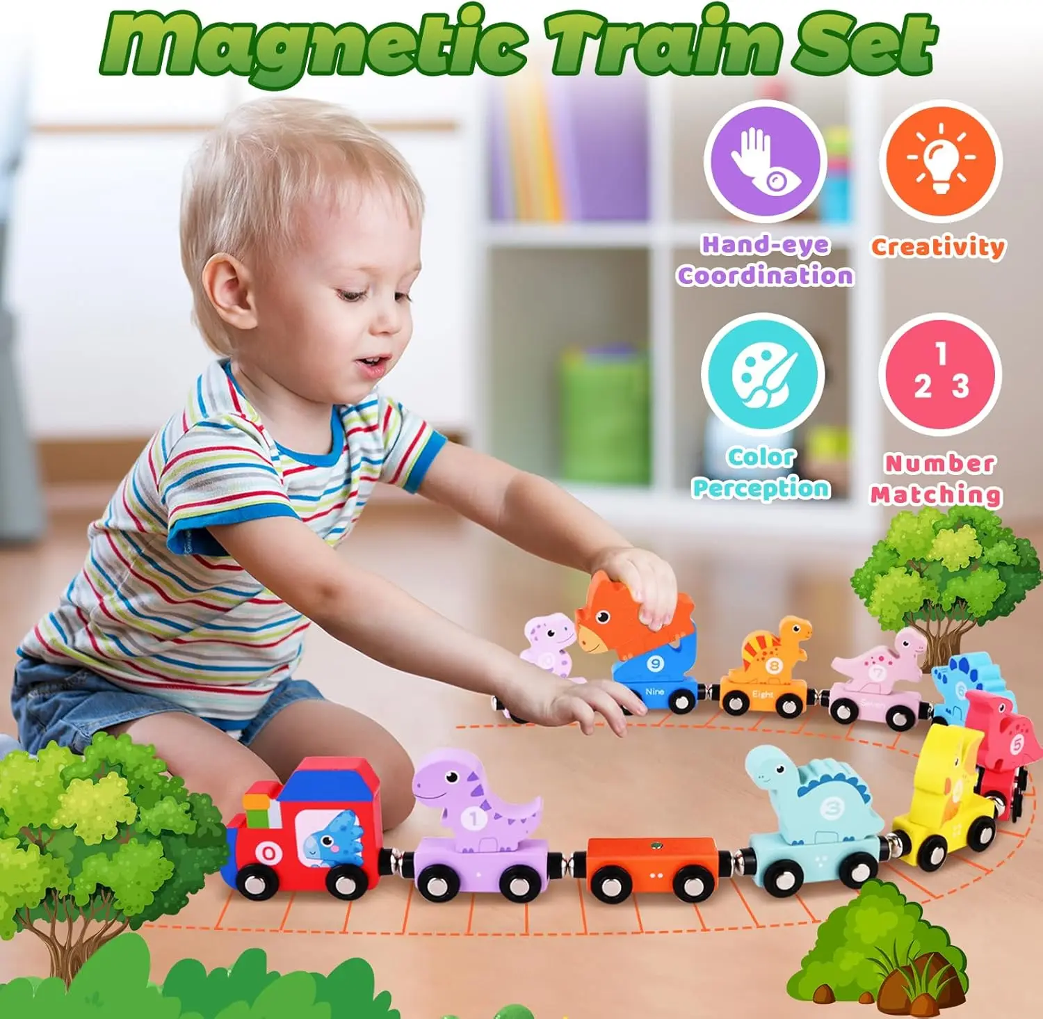 Dinosaur Toys for Kids 3-5, 21PC Magnetic Wooden Train, Dinosaur Stacking Blocks Toys, Match Number & Color, Toddler Montessori