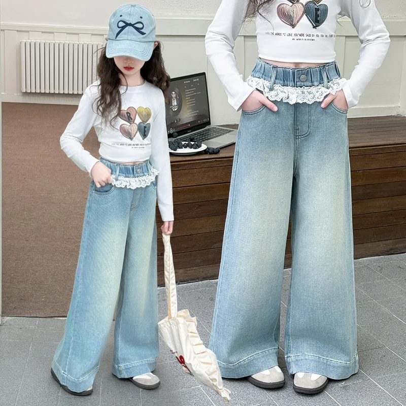 

Джинсы для девочек, модная одежда на весну, однотонные свободные детские широкие джинсовые брюки для подростков с кружевной талией, детские брюки