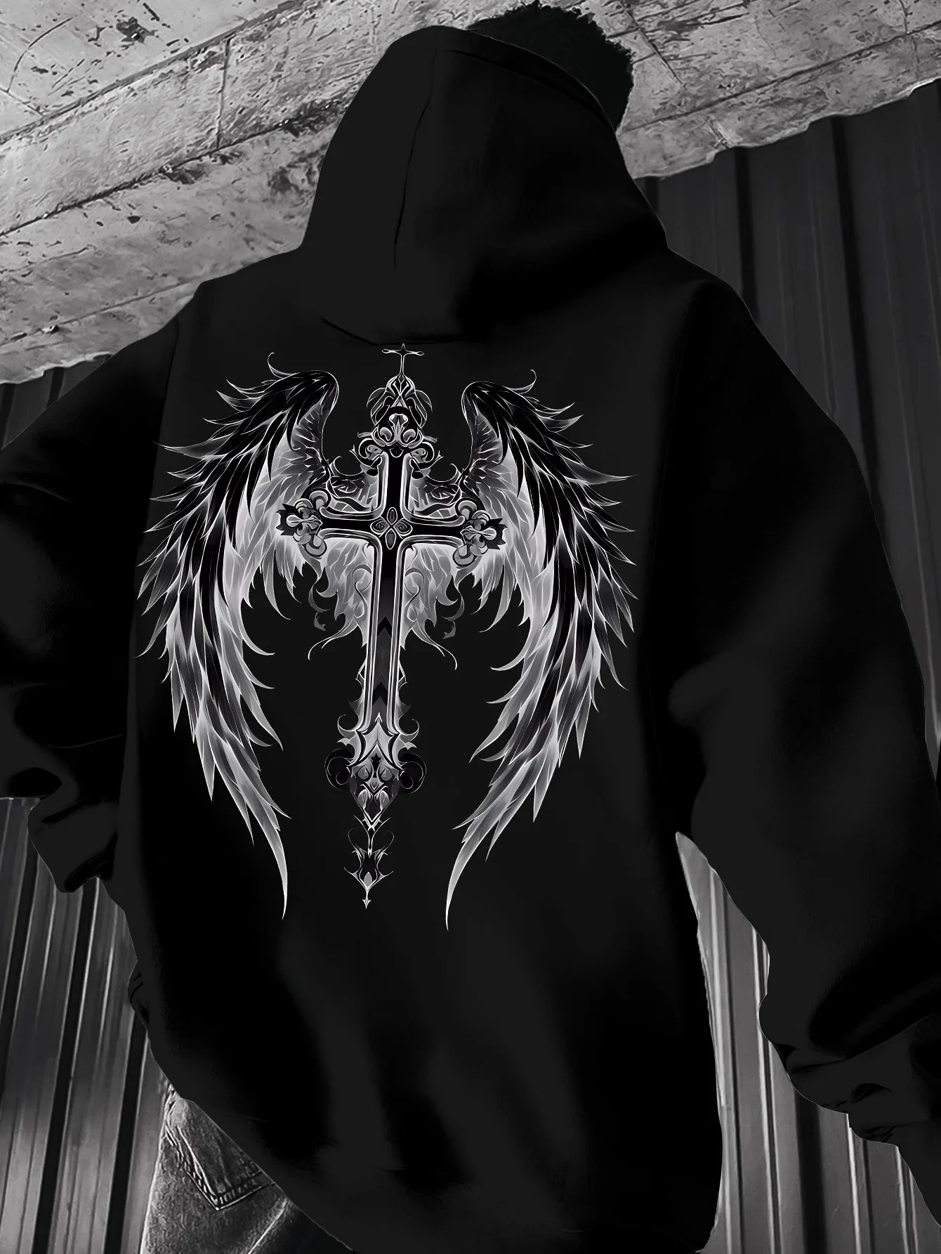 

Men's vintage Gothic winged cross hoodie, casual wear,, Back Printed Patterns, Men Hoodies
