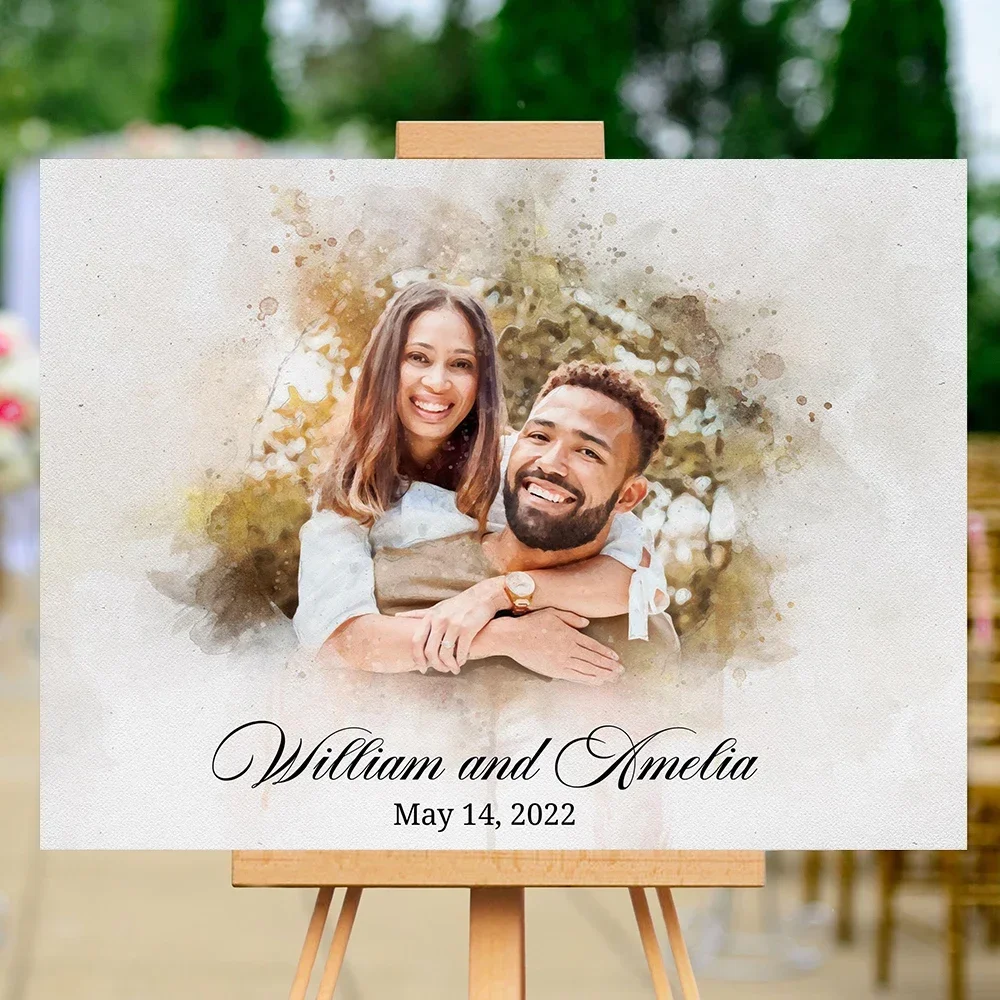 Watercolor Couple Portrait Poster Unique Wedding Welcome Sign Art Print Canvas Painting Wall Picture for Welcoming Guests Decor