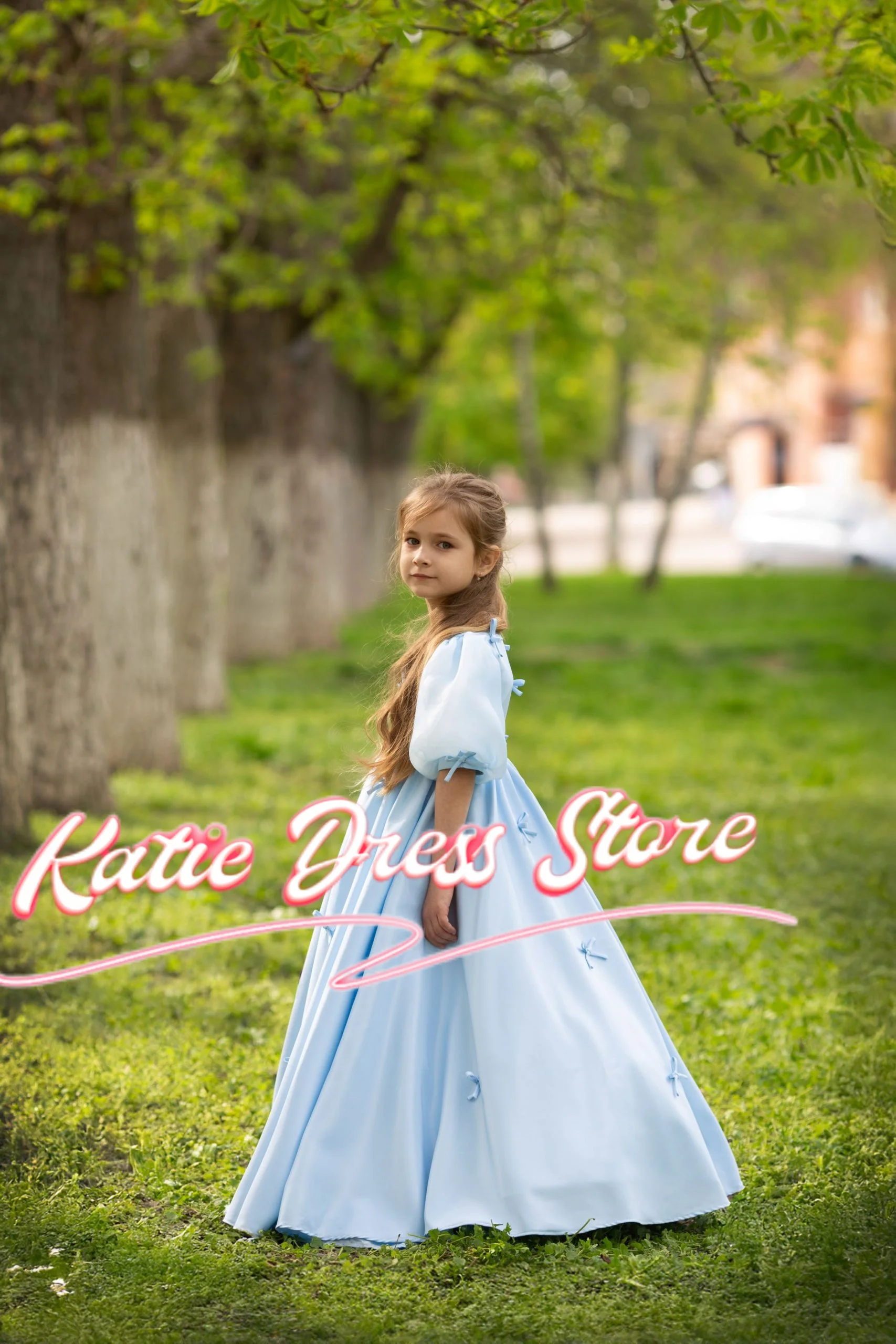 Céu azul cetim flor menina vestido para casamento inchado com arcos princesa crianças festa de aniversário primeira comunhão vestidos de baile personalizado