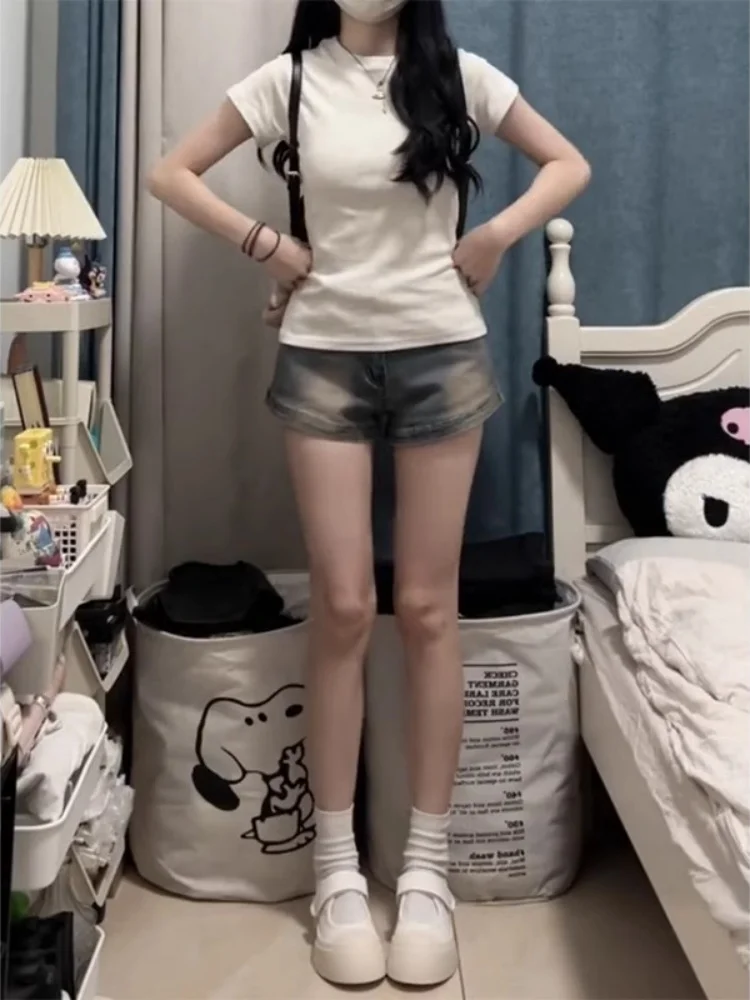 

Retro High Waist Distred Denim orts Women's Thin Autumn A-Line Hot Pants Slimming Design Casual Straight Leg Jeans