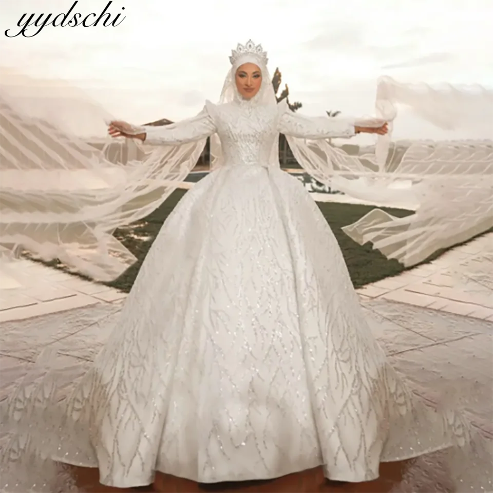 

Elegant Muslim High Neck Lace Appliques Ball Gown Wedding Dress 2024 Buttons Illsuion Court Train Tulle Bridal Gown For Women