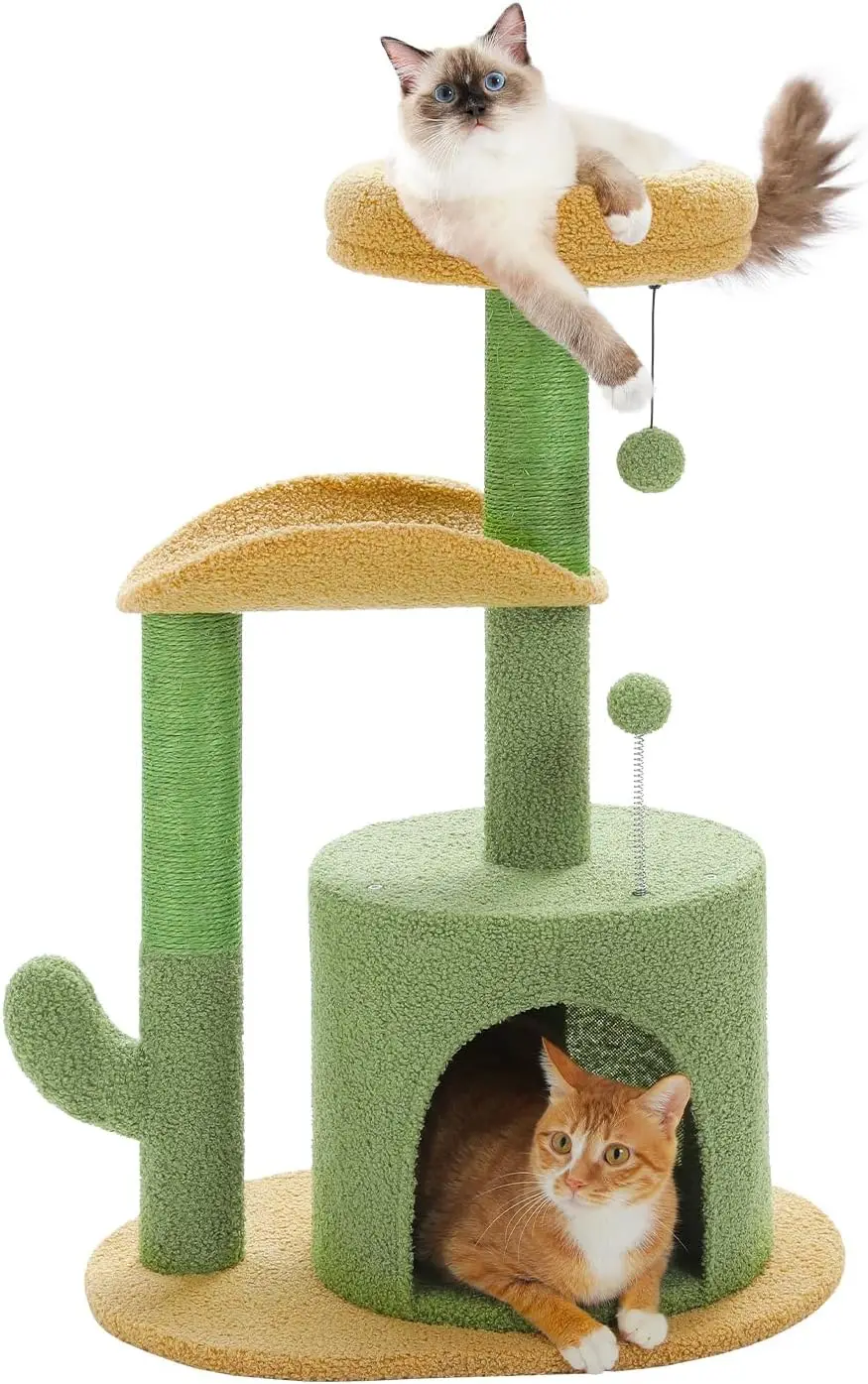 Cactus Cat Tree 32 Inches Small Cat Tower with Sisal Covered Scratching Post, Cozy Condo, Plush Perches and Fluffy Bal