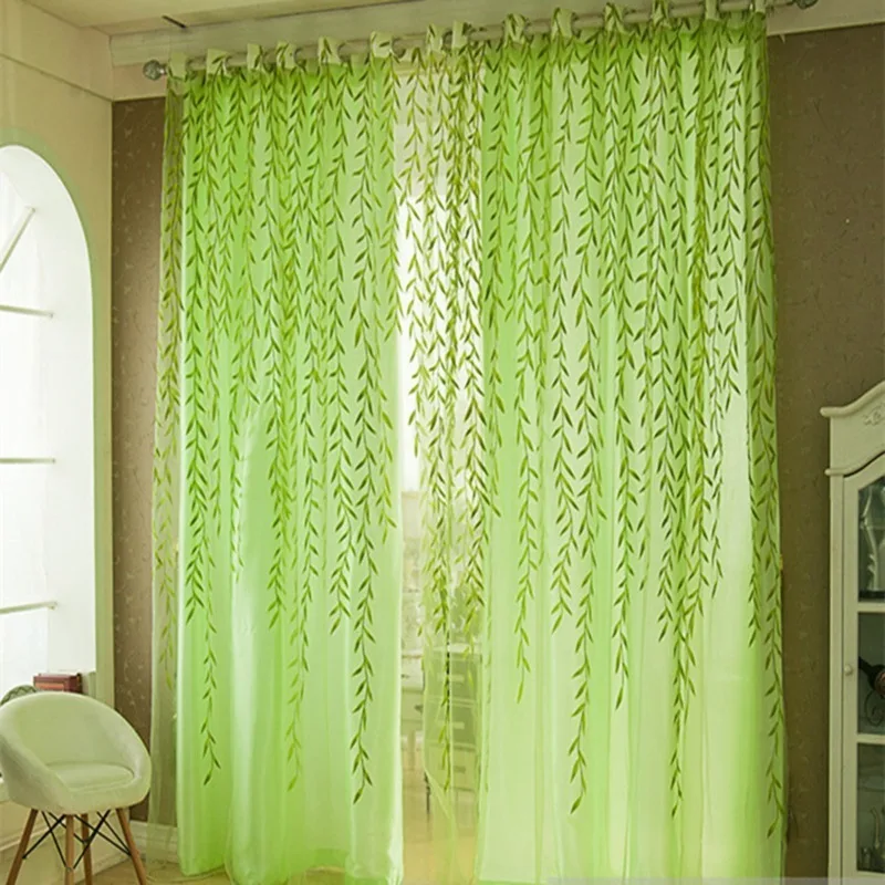 2 Panels Green Willow Leaves Curtain Print Design Sheer Pattern Voile Panel Drape Room Window Curtains Home Textiles