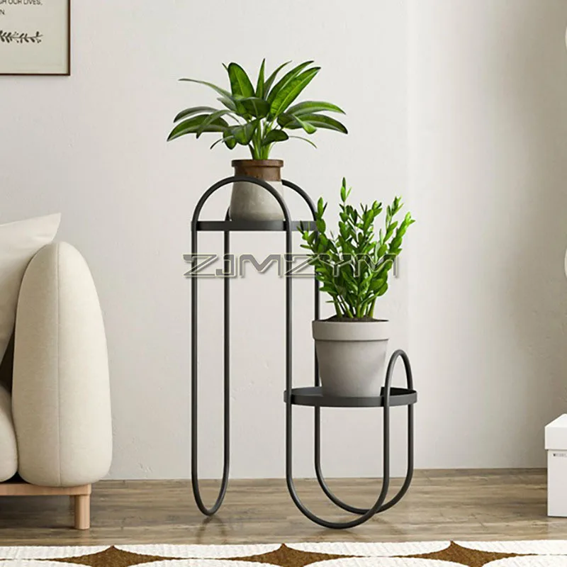 2 계층 북유럽 현대 철 바닥 식물 스탠드 화분 홀더 거실 발코니 블랙 금속 꽃 디스플레이 선반