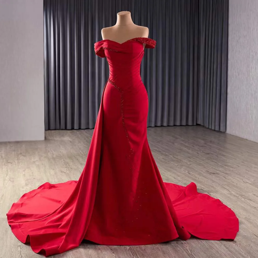 Vestidos En Oferta Liquidación Off Shoulder Sweetheart Evening Dresses Crystal Lace Up Back Mermaid Red Long Prom Dress