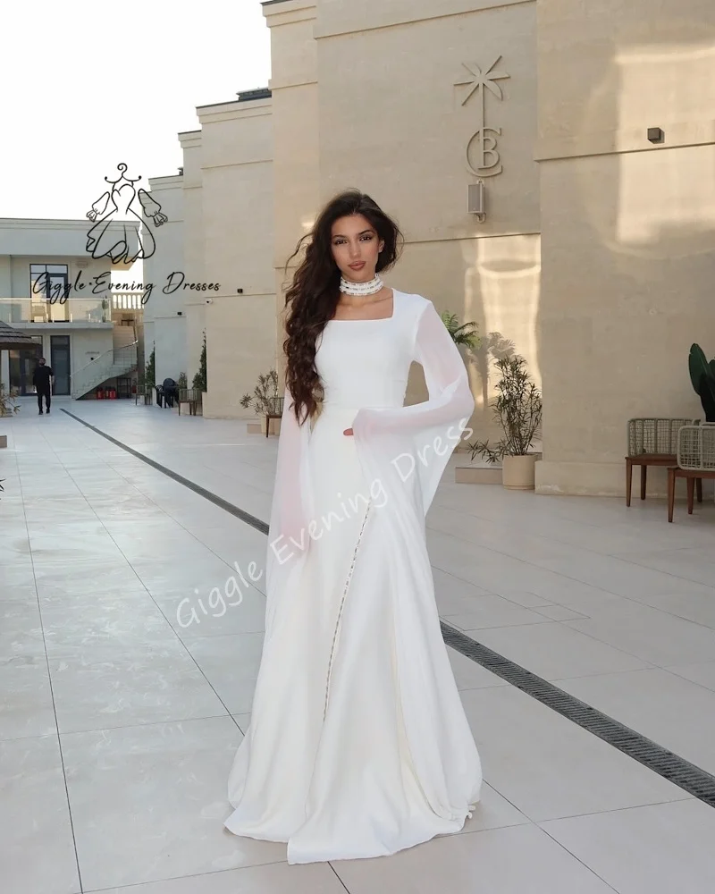 

Giggle Customized Square Neckline Long Sleeve Chiffon Summer 2025 Saudi Formal White Evening Gala Dress A-line Floor-length Gown
