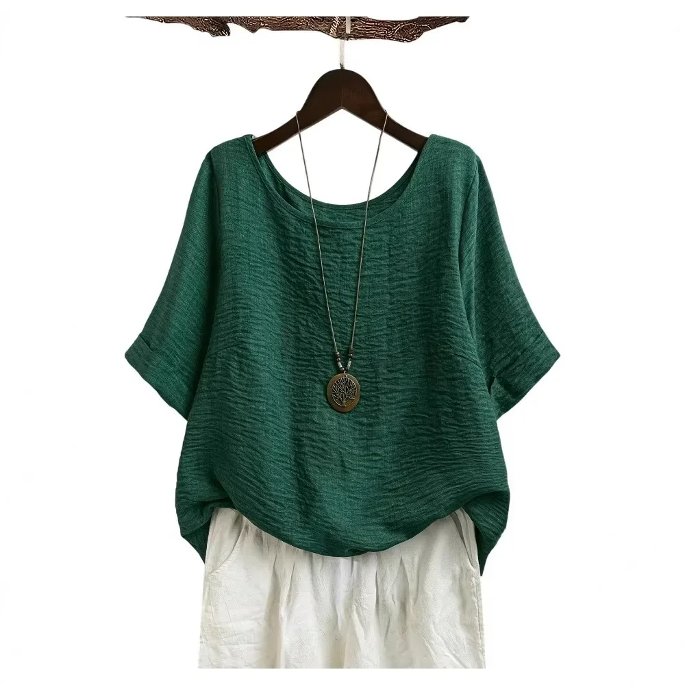 Women Loose Slimming Cotton Linen Wrinkled Texture Round Neck Solid T Shirt Casual Soft Breathable Flattering Comfy Versatile