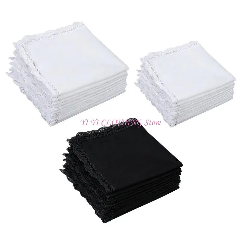 N5KF Soft Cotton Decorative Handkerchief with Beautiful Lace Edges Handkerchiefs